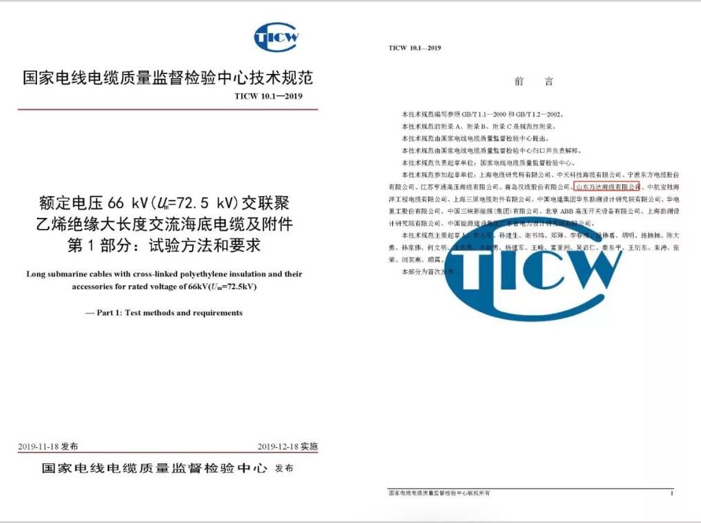 参与标准起草 夯实匠芯智造  | 万达海缆公司参与起草的66kV海缆及附件技术规范即将开始实施