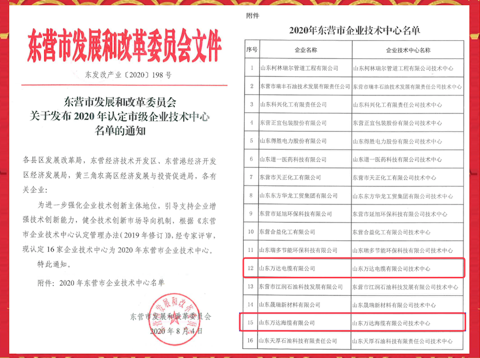 自主创新再上新台阶&mdash;&mdash;万达海缆与万达电缆顺利通过&ldquo;东营市企业技术中心&rdquo;认定