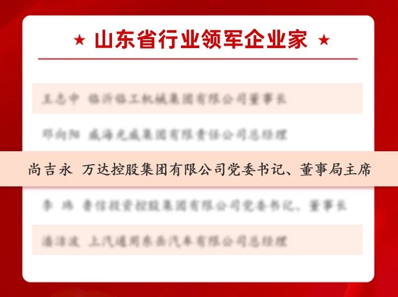 万达集团党委书记、董事局主席尚吉永被省委省政府授予&ldquo;山东省行业领军企业家&rdquo;荣誉称号，记一等功